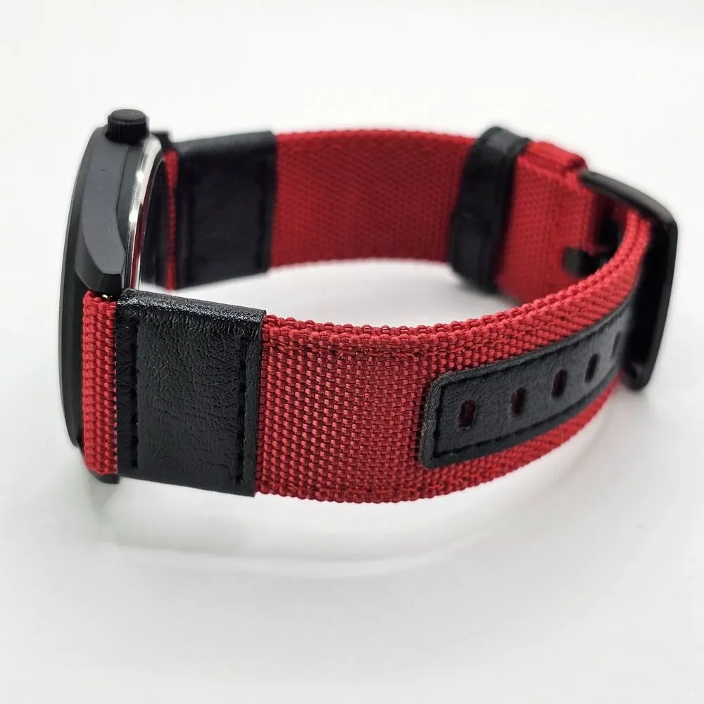 Men's 42MM Military Field Watch Black Case Black‎ Dial Red Black Canvas Bands